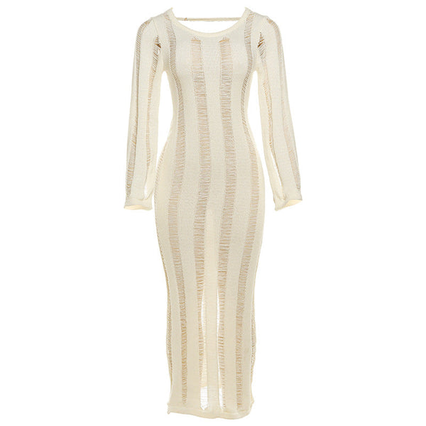 Long sleeve backless knitted hollow out maxi dress