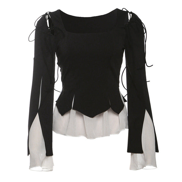 Long sleeve self tie ruffle top