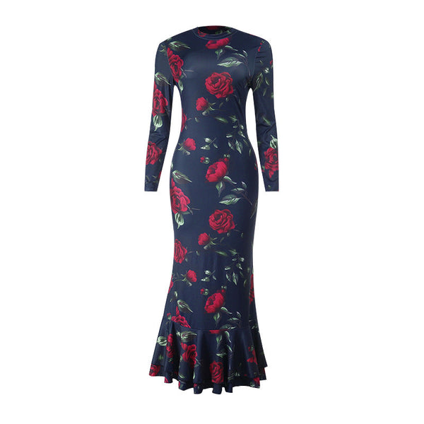Long sleeve crewneck flower print maxi dress
