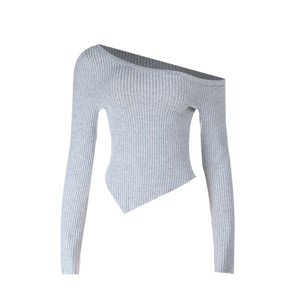One shoulder long sleeve solid ribbed top