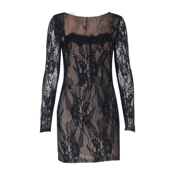 Square neck long sleeve lace mini dress