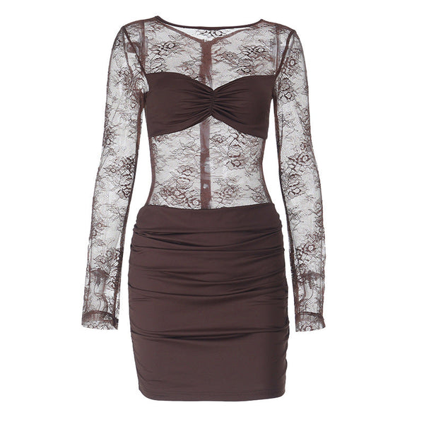 Long sleeve ruched lace zip-up mini dress