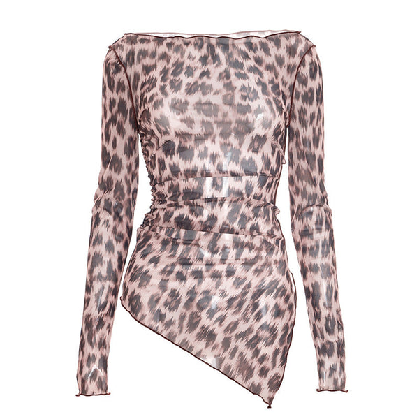 Leopard print irregular long sleeve mesh top