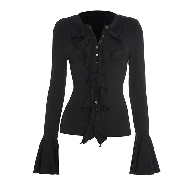 Long flared sleeve button ruffle solid top