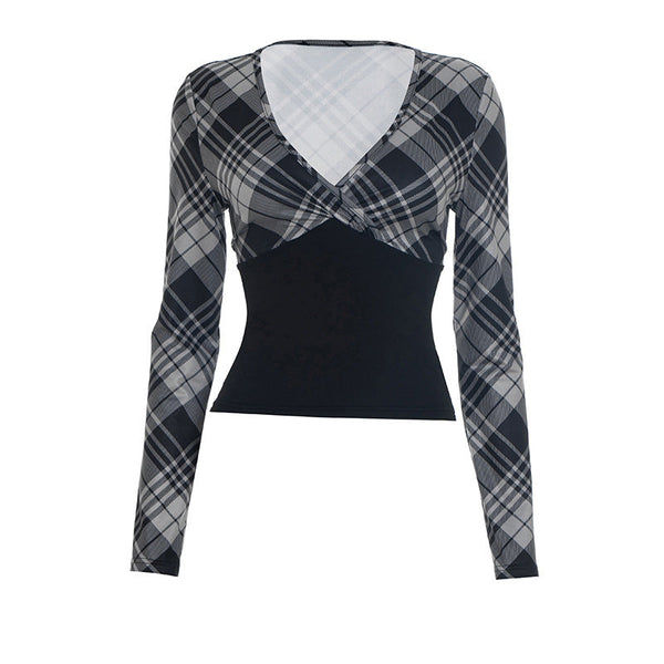Long sleeve v neck plaid print top
