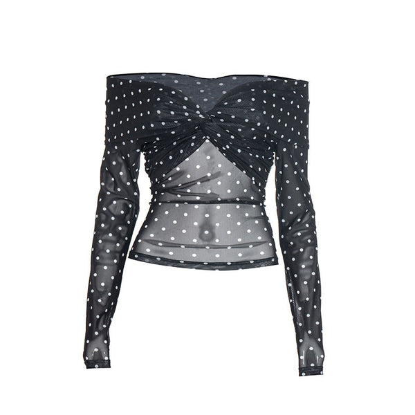 Plaid print mesh off shoulder long sleeve top