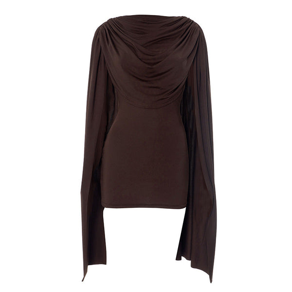 Long flared sleeve solid ruched mini dress