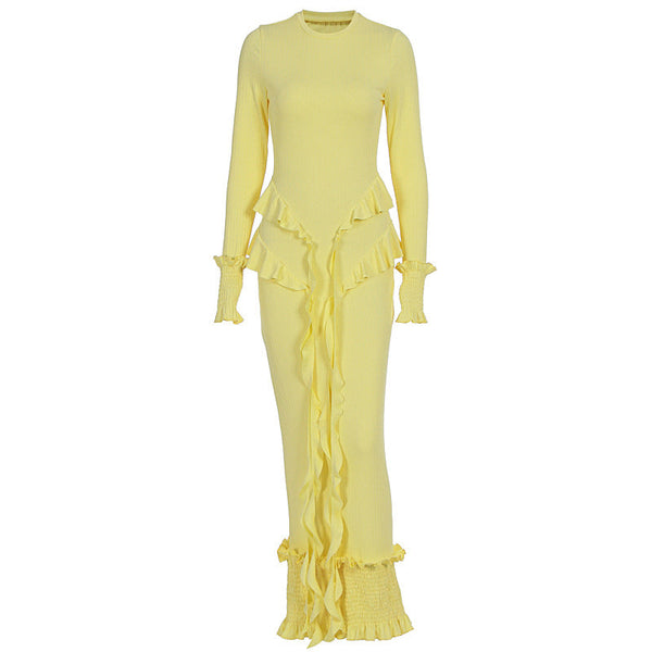 Long sleeve ruffle smocked crewneck maxi dress