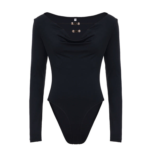 V neck long sleeve beaded solid bodysuit