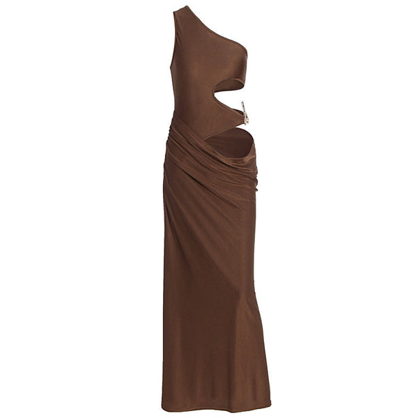 One shoulder hollow out ruched maxi dress