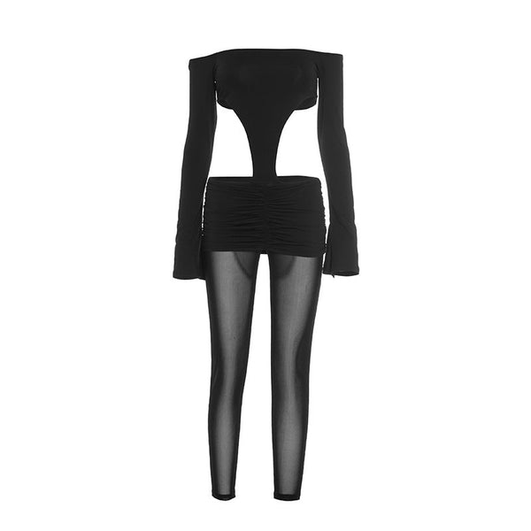 Off shoulder long sleeve mesh ruched hollow out jumpsuit