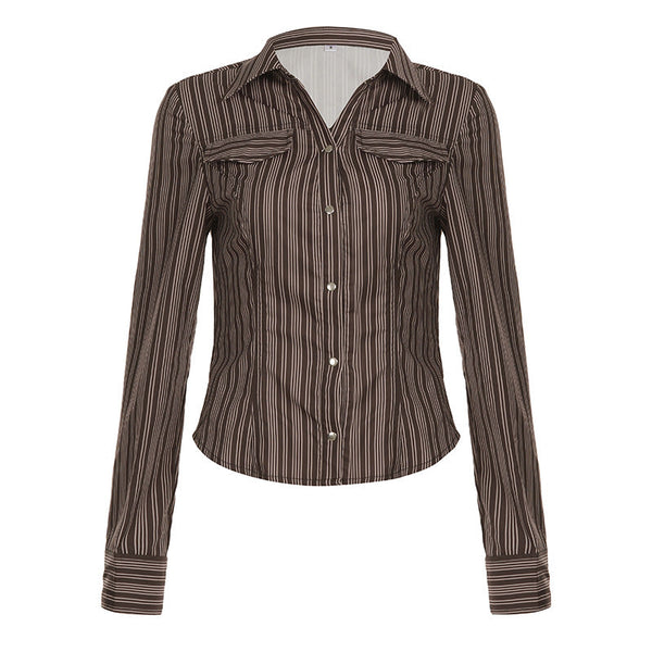 Turnover collar long sleeve striped print button top