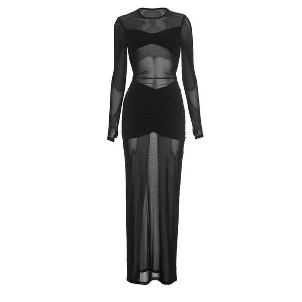 Long sleeve crewneck ruched mesh hollow out maxi dress