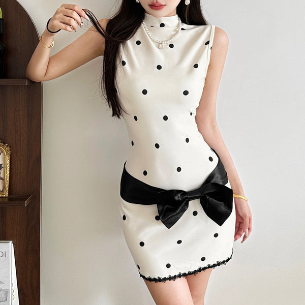 High neck sleeveless polka dot bowknot mini dress