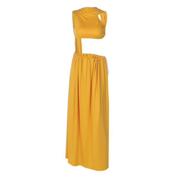 Ruched backless high slit crop maxi skirt set