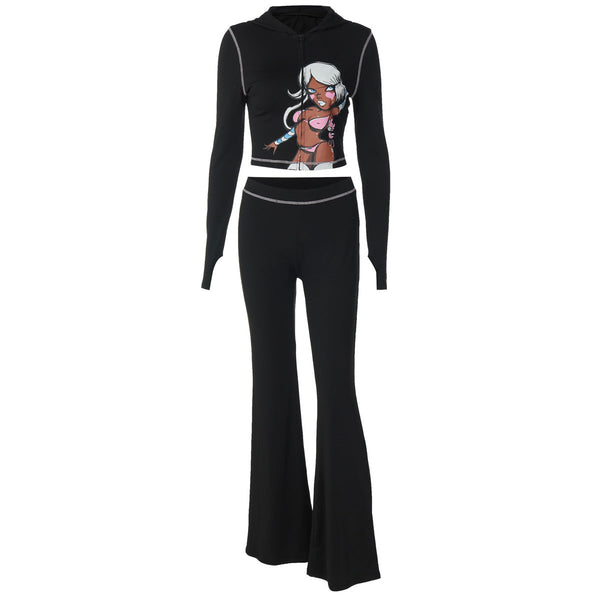 Long sleeve hoodie pattern zip-up pant set