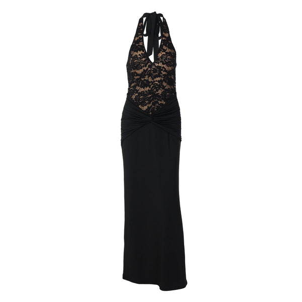 Halter v neck backless ruched maxi dress