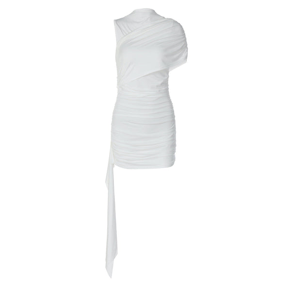 Ruched one shoulder solid high neck mini dress