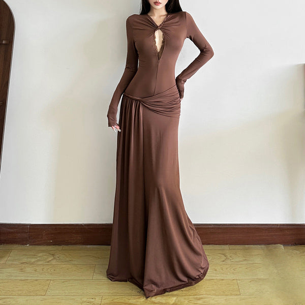 Hollow out lace hem long sleeve ruched maxi dress