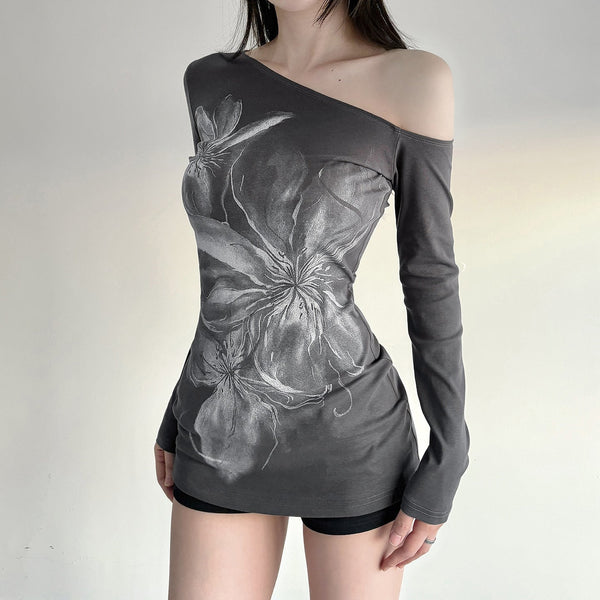 One shoulder long irregular sleeve flower print top