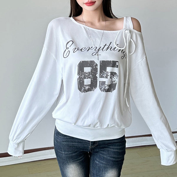 Irregular long sleeve letter pattern self tie top