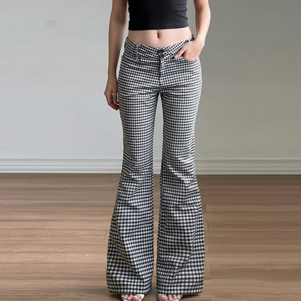 Plaid button low rise wide leg pant