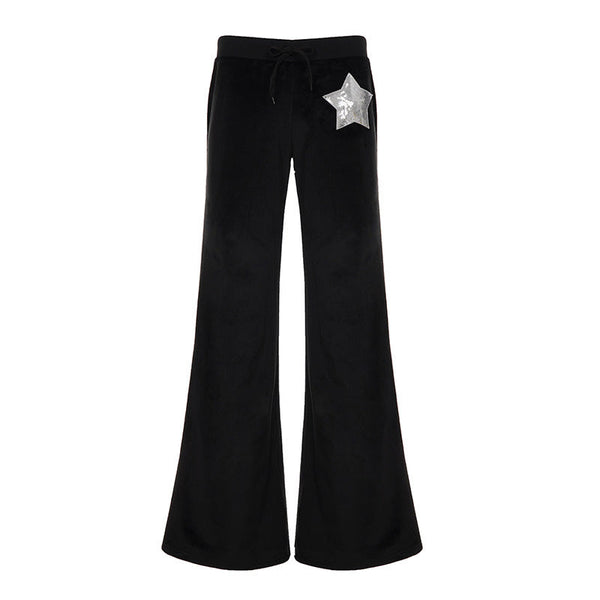 Drawstring velvet glitter star pattern wide leg pant