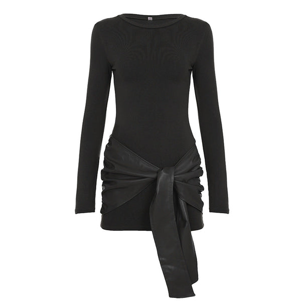 Crewneck long sleeve PU leather solid mini dress
