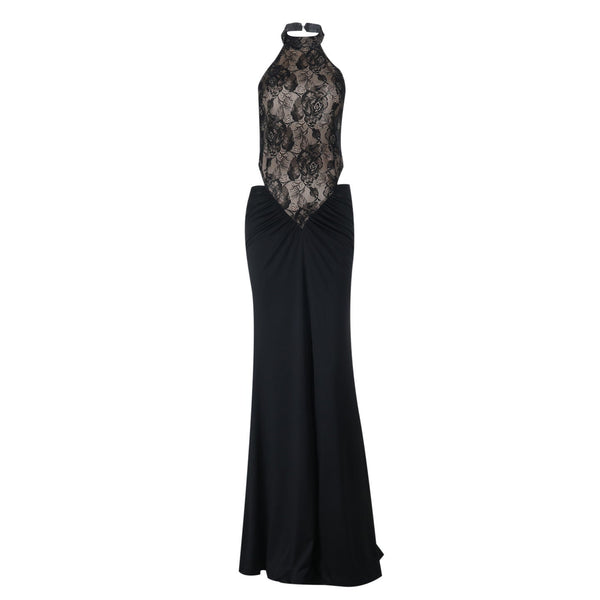 Halter button lace ruched backless maxi dress