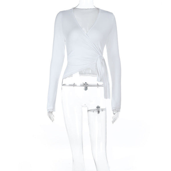 Self tie v neck long sleeve lace hem solid top