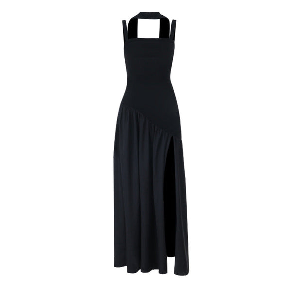 Square neck high slit ruched solid maxi dress