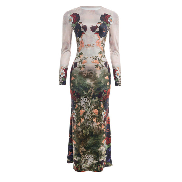 Flower print long sleeve crewneck maxi dress