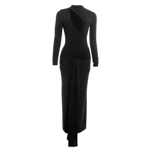 Long sleeve hollow out ruched zip-up maxi dress