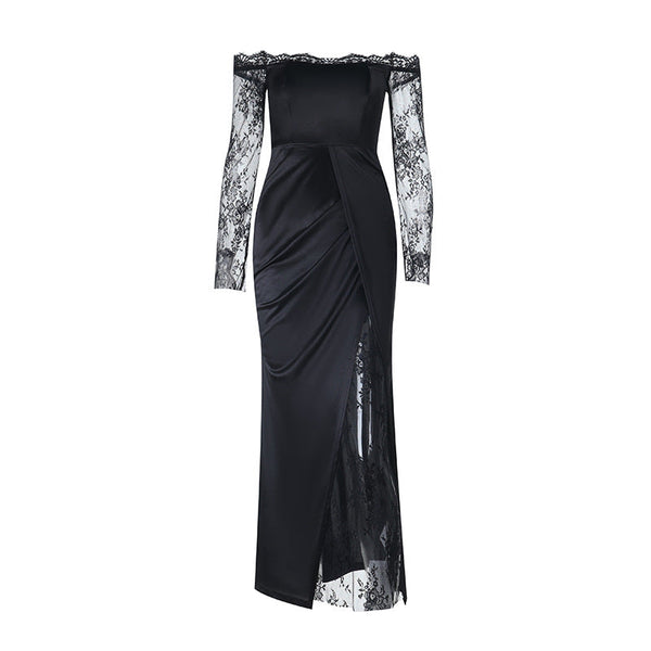 Off shoulder long sleeve slit zip-up lace hem maxi dress