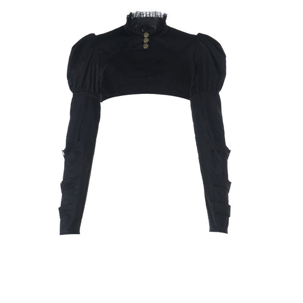 Long puff sleeve button buckle lace hem shrug top