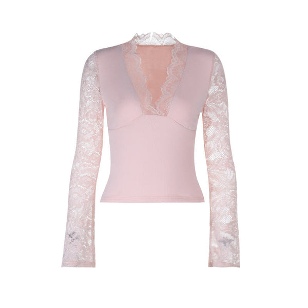V neck lace hem long sleeve top