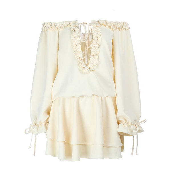 Long sleeve v neck drawstring mini dress