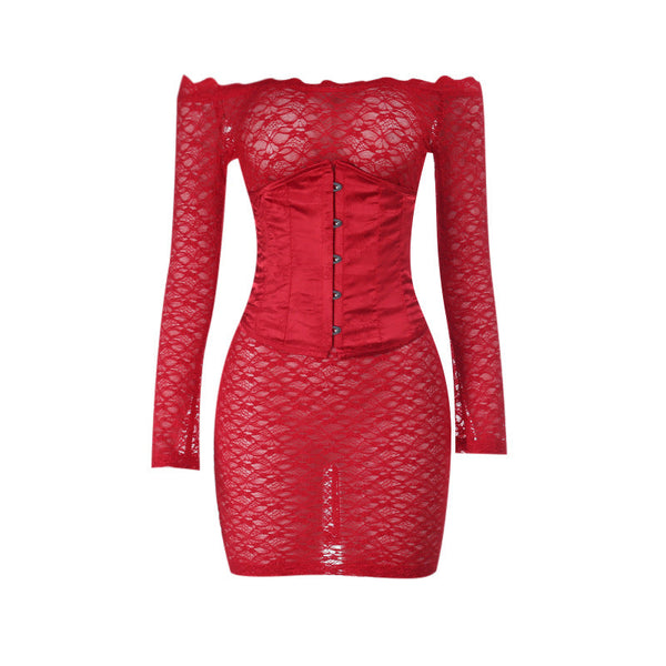 Off shoulder long sleeve lace corset lace up 2 piece mini dress