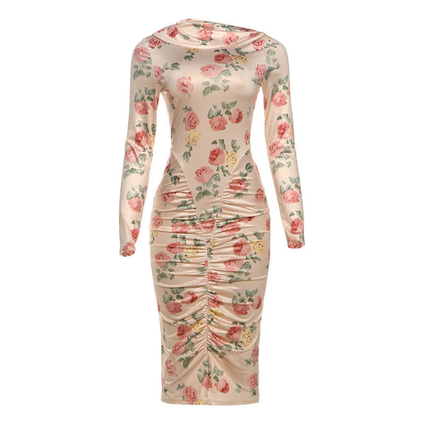 Long sleeve flower print ruched midi dress