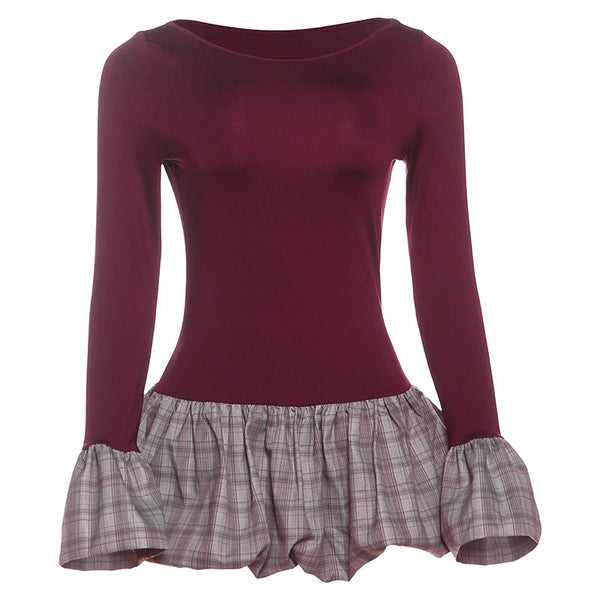 Long flared sleeve crewneck plaid print mini dress