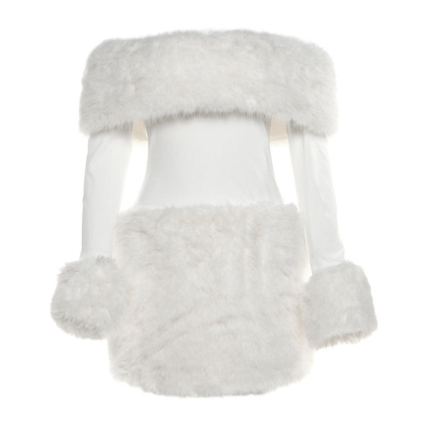 Off shoulder long sleeve fluffy mini dress