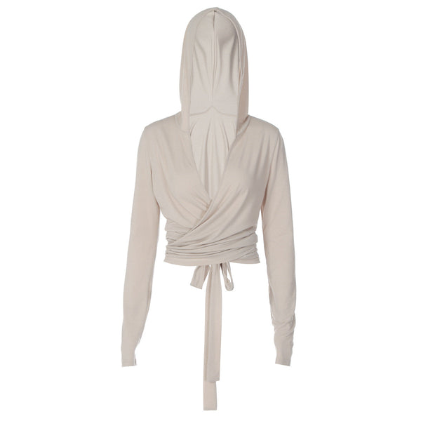 Hoodie long sleeve knotted v neck low cut top