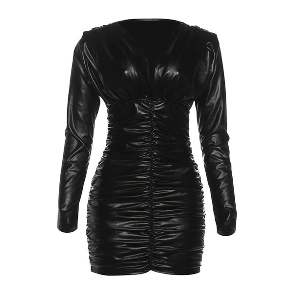 Long sleeve ruched v neck PU leather mini dress