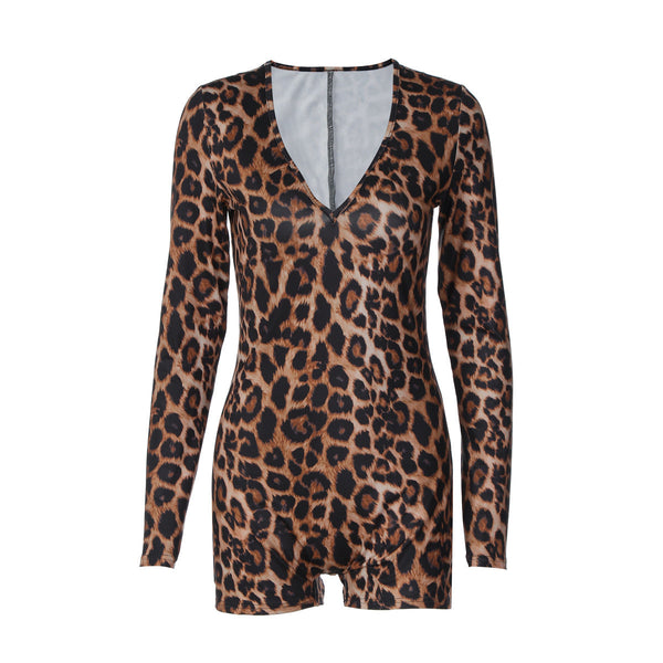 Leopard print v neck long sleeve romper