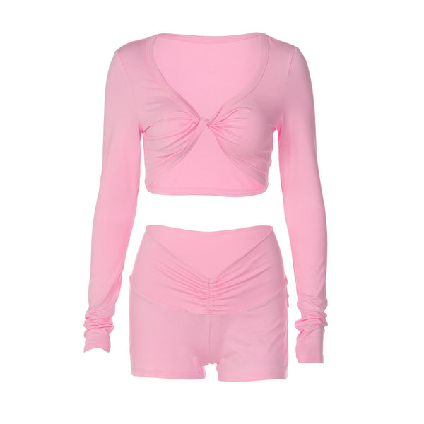 Long sleeve ruched v neck solid short pant set