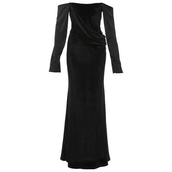 Off shoulder long sleeve velvet ruched maxi dress