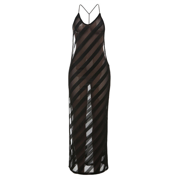 V neck mesh high slit see through backless maxi dress