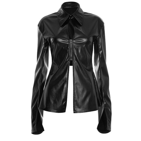 Turnover collar long sleeve PU leather zip-up top