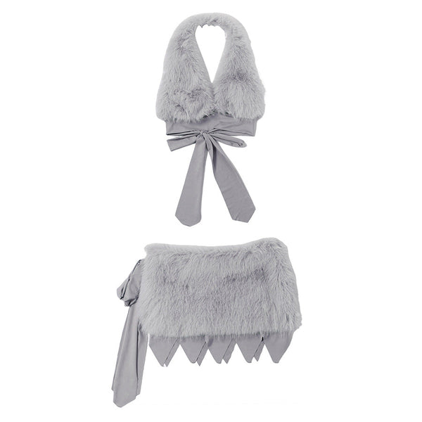 Halter fluffy v neck self tie backless mini skirt set