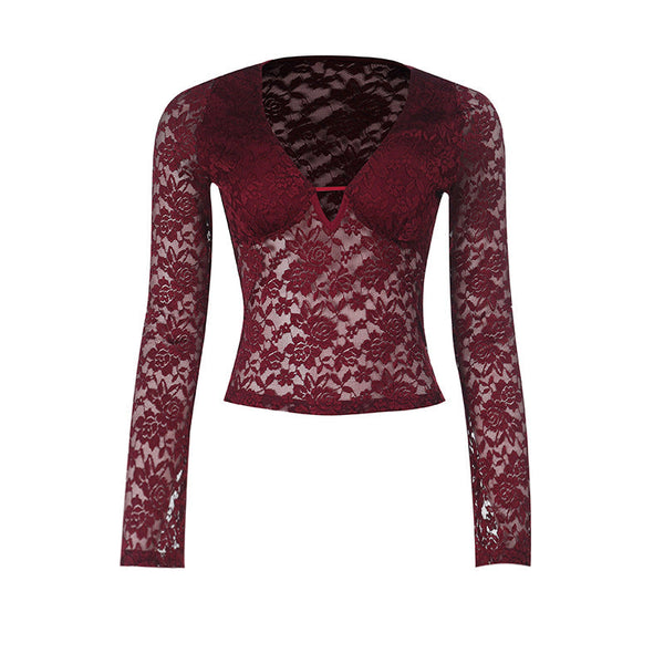Lace long sleeve deep V neck solid top